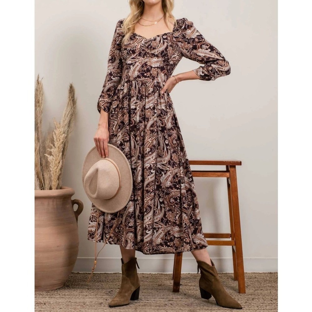 By The River Paisley Maxi Dress Womens Size S Brown Boho Long Sleeve Smocked